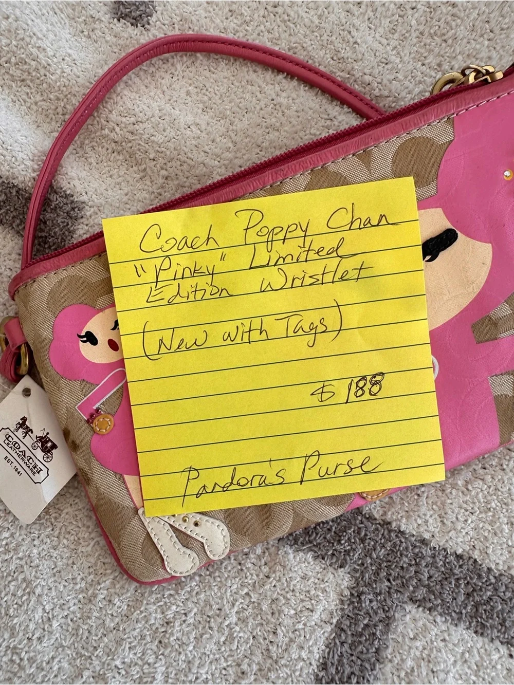 Coach Pink and Tan Signature Canvas Wristlet with Character Appliqués